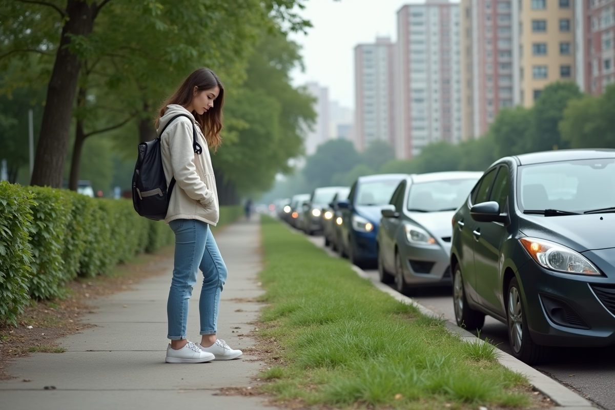 Jeune femme observant les voitures et le parc urbain