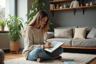Jeune femme peignant un paysage aquarelle dans un salon cosy