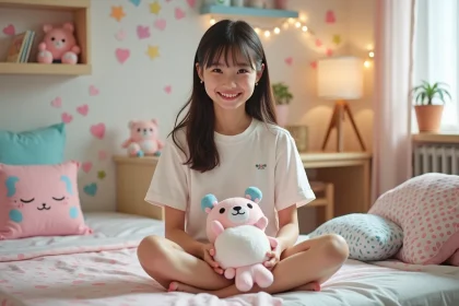 Jeune fille souriante dans une chambre kawaii colorée