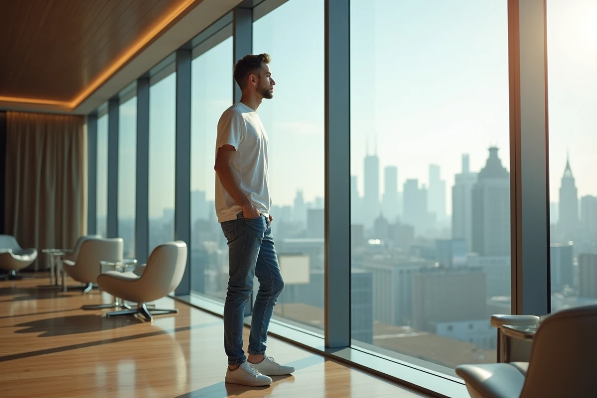 Jeune homme regardant la ville depuis une fenêtre