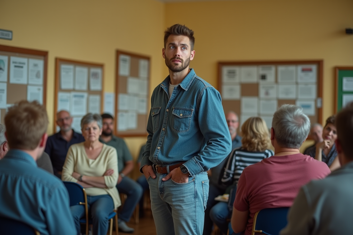 Jeune homme lors d une reunion communautaire en salle