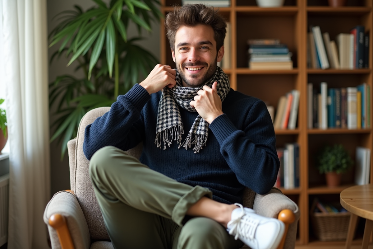 Jeune homme détendu en intérieur avec livres et plantes