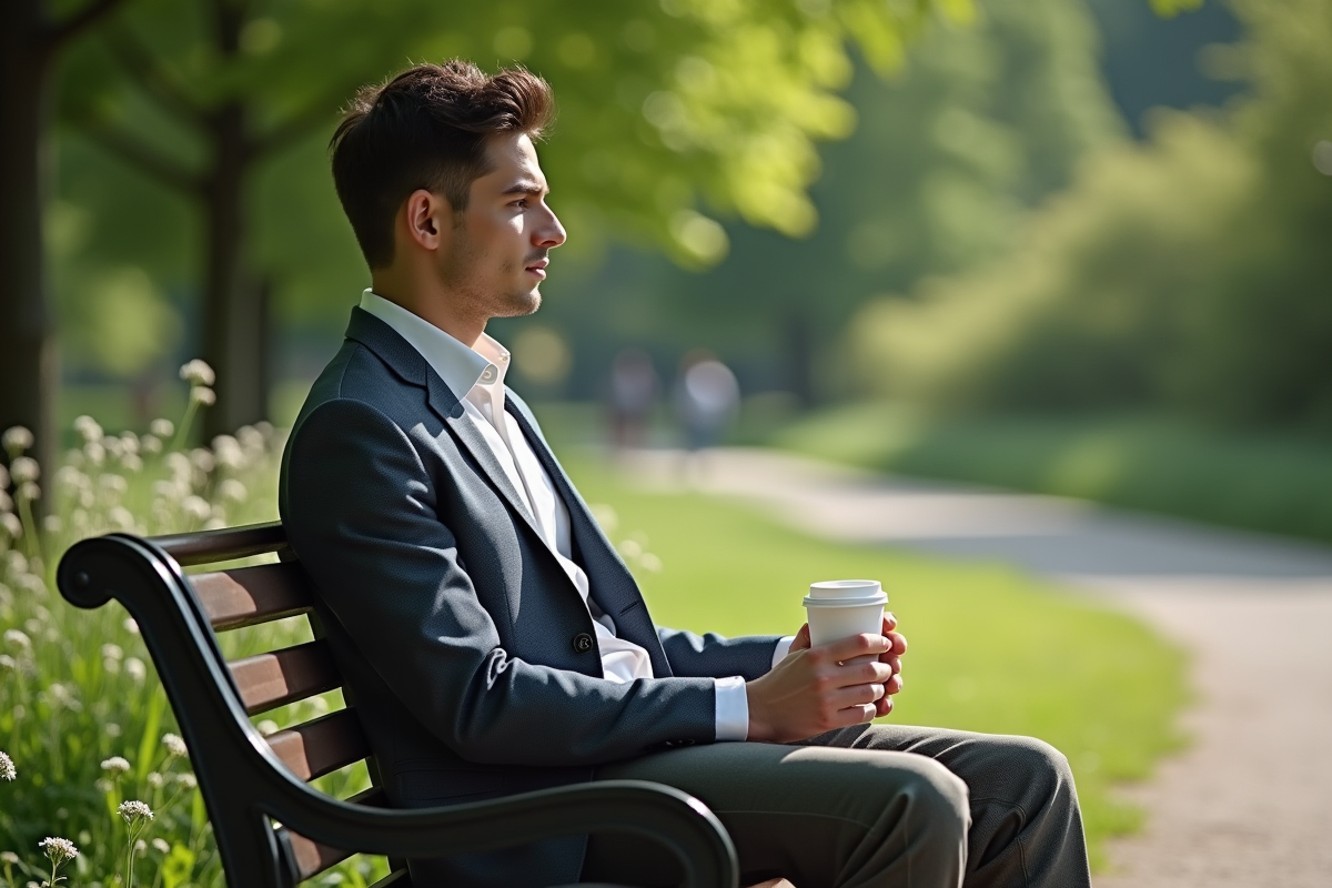 Jeune homme buvant une tisane dans un parc verdoyant