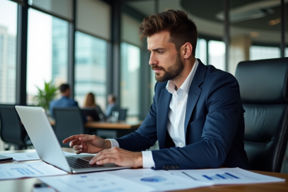 Jeune homme en costume analyse un graphique financier au bureau