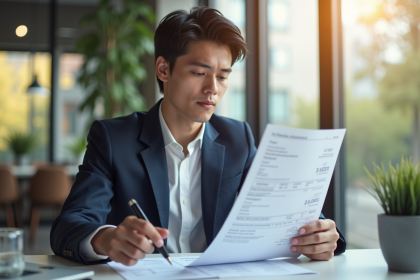 Jeune professionnel analysant un bulletin de salaire lumineux