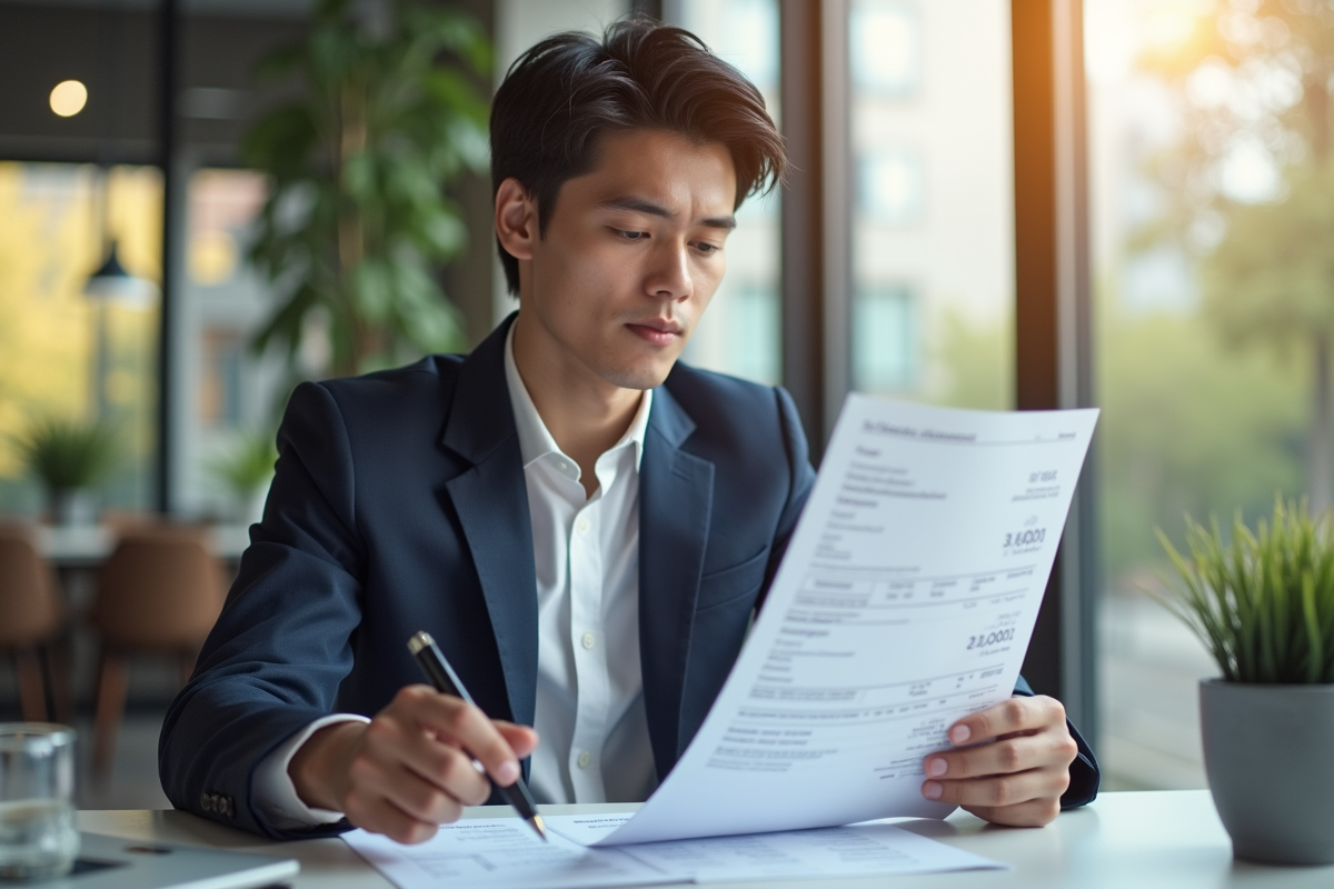 Jeune professionnel analysant un bulletin de salaire lumineux
