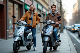 Jeune homme et femme avec scooters électriques et essence en ville