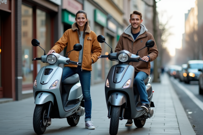 Jeune homme et femme avec scooters électriques et essence en ville
