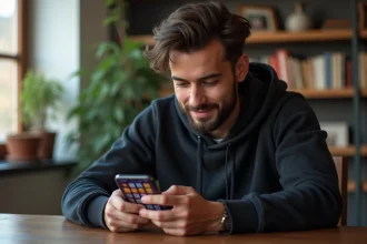 Jeune homme jouant à un jeu de casino mobile sur smartphone pour obtenir des spins gratuits Code Ninja Time