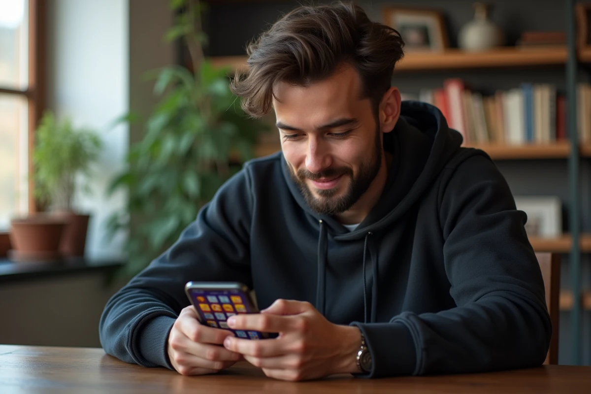 Jeune homme jouant à un jeu de casino mobile sur smartphone pour obtenir des spins gratuits Code Ninja Time