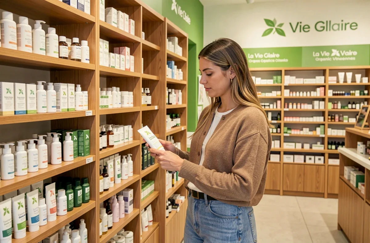 Cliente lisant l'étiquette d'un produit cosmétique naturel dans le rayon bien-être du magasin La Vie Claire de Vincennes