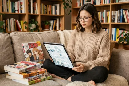 Jeune femme adulte lisant des mangas yaois sur tablette et en volumes physiques, installée confortablement dans un salon cosy avec bibliothèque
