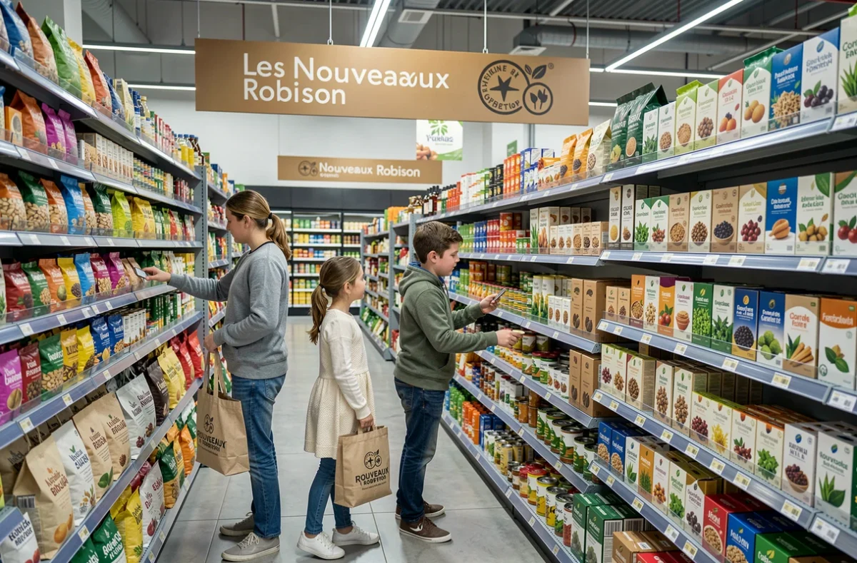 Famille faisant ses courses dans un rayon de la supérette bio Les Nouveaux Robinson avec des produits équitables et biologiques