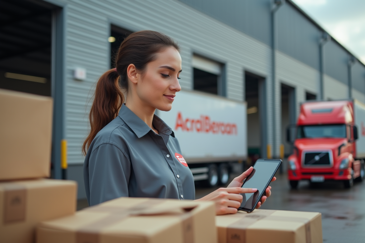 Jeune femme vérifiant un colis dans un entrepôt moderne