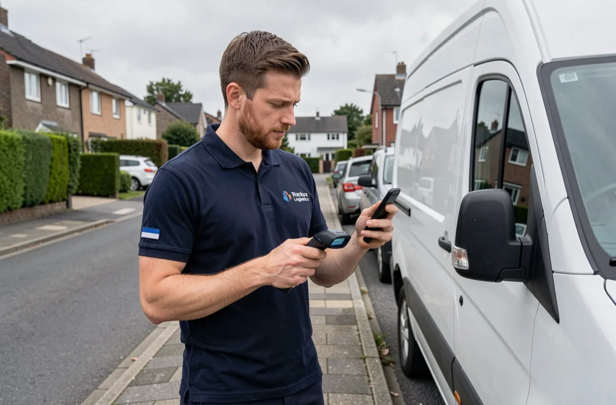 Livreur en tenue professionnelle consultant son scanner de colis devant un camion de livraison en zone résidentielle