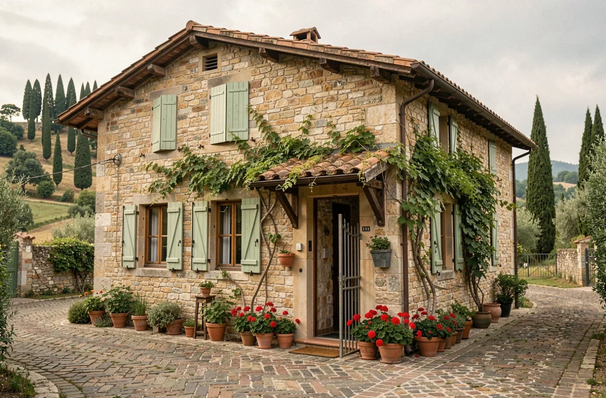 Façade d'un gîte de vacances authentique en pierre dans la campagne italienne avec volets en bois