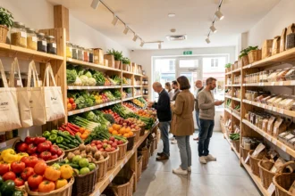 Intérieur d'un magasin bio dans le Val-de-Marne avec des légumes frais colorés et des produits en vrac sur des étagères en bois