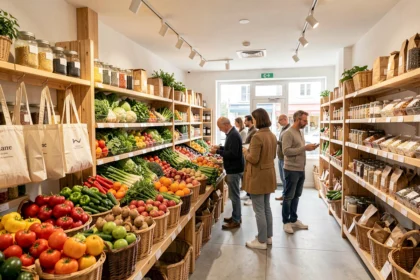 Intérieur d'un magasin bio dans le Val-de-Marne avec des légumes frais colorés et des produits en vrac sur des étagères en bois