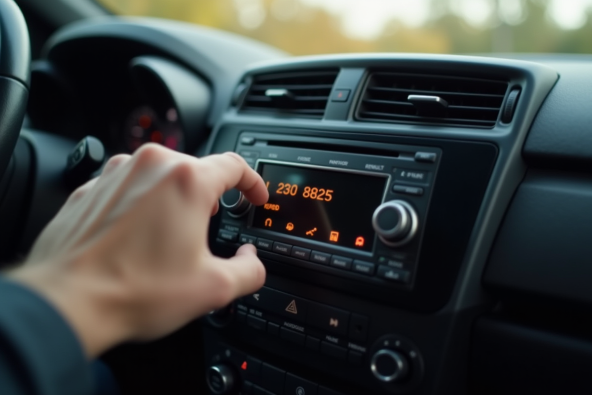 Main saisissant le code radio dans une Renault en lumière naturelle