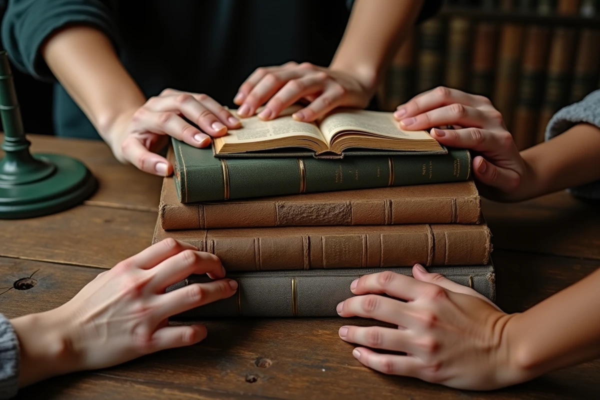 Gros plan de plusieurs mains tenant des livres classiques usés sur une table en bois, illustrant la sélection du livre le plus vendu au monde