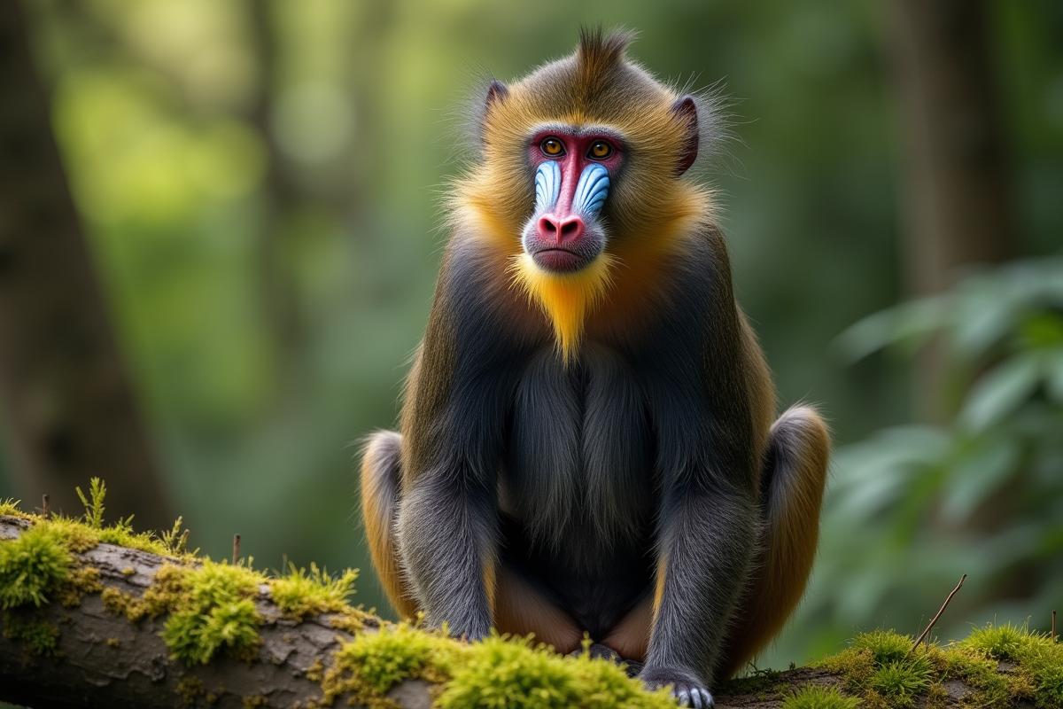Mandrill coloré sur le sol de la forêt avec lumière naturelle