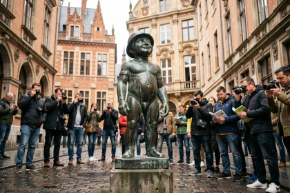Le Manneken-Pis de Bruxelles entouré de touristes sur les pavés mouillés d'une ruelle historique