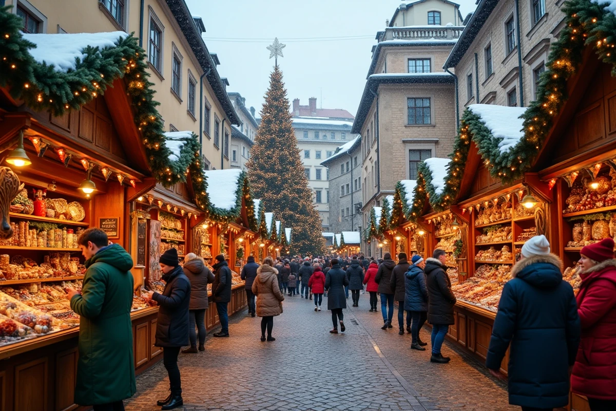 Marché de Noël traditionnel européen en plein air avec renne en osier décoratif, vendeurs en costumes et foule animée sur les pavés enneigés