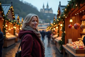 Marché de Noël de Lyon au bord de la Saône avec chalets décorés et basilique de Fourvière en arrière-plan