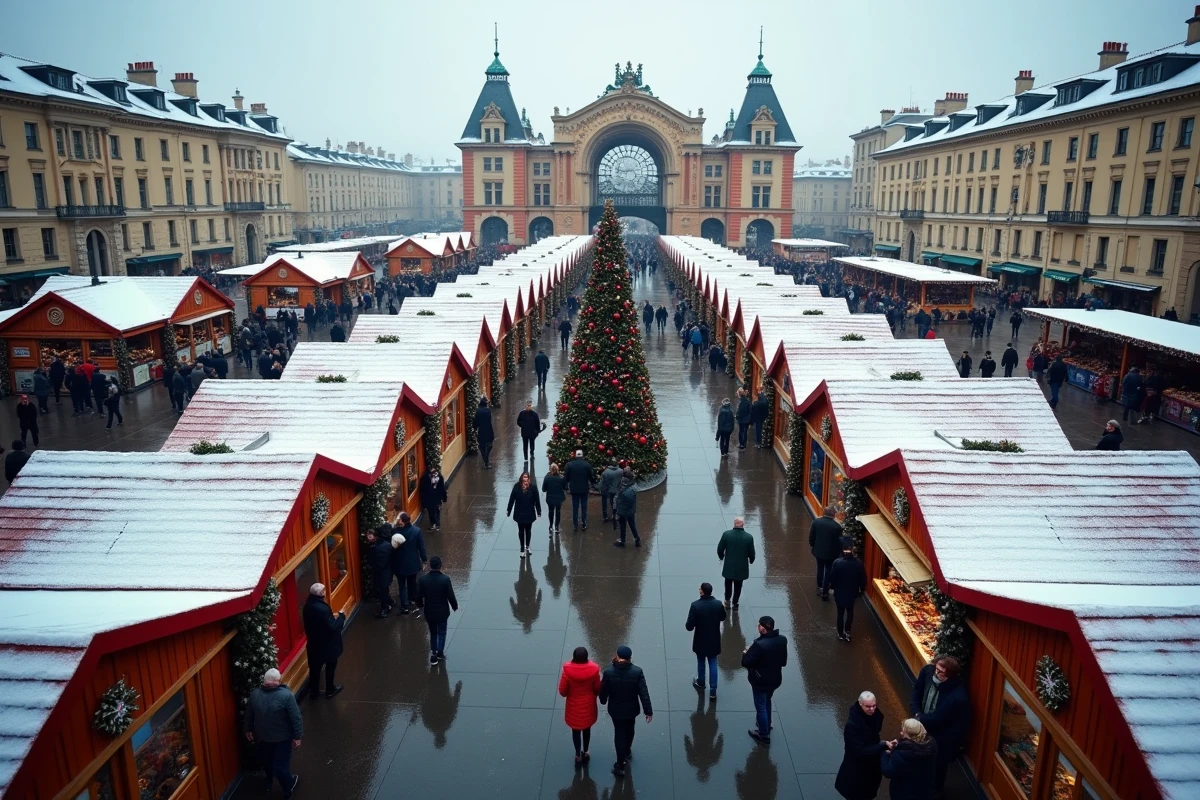 Vue aérienne du marché de Noël de Lyon place Carnot avec chalets et sapin central