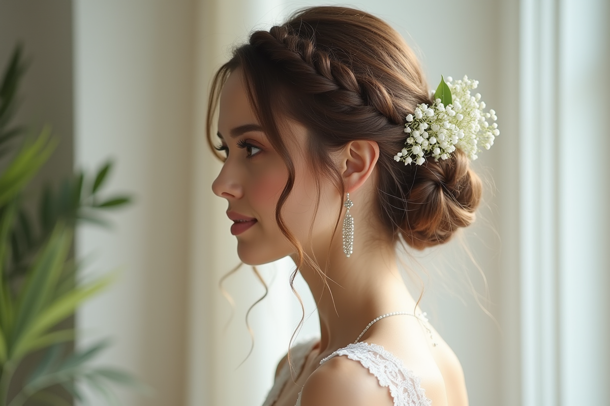 Mariée avec coiffure en chignon tressé et accents floraux