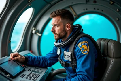 Scientifique marin en submersible examinant les panneaux de contrôle