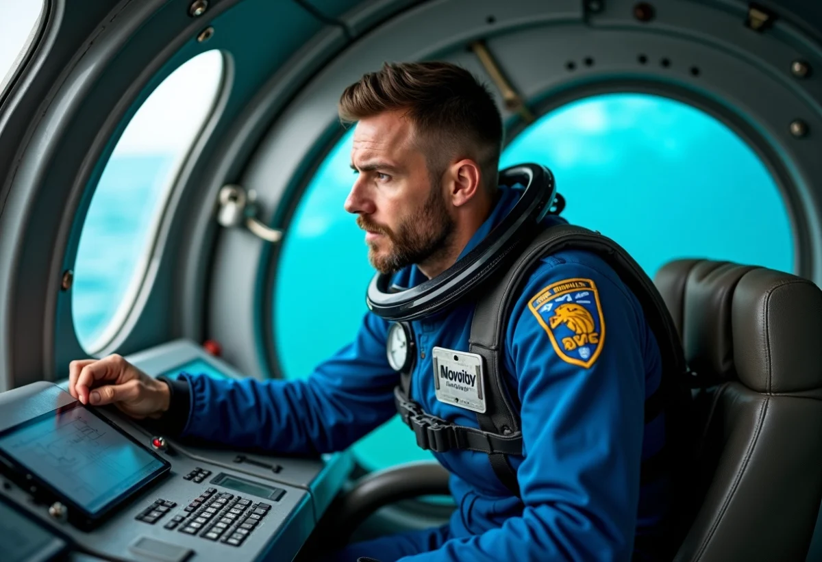 Scientifique marin en submersible examinant les panneaux de contrôle