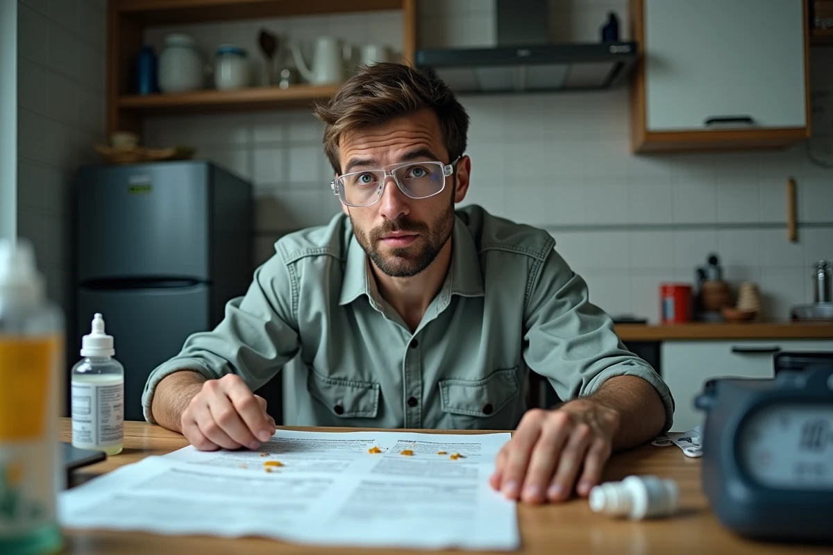 Homme travaillant avec de la résine louban sans gants de protection sur une table en désordre, mauvaises pratiques à éviter