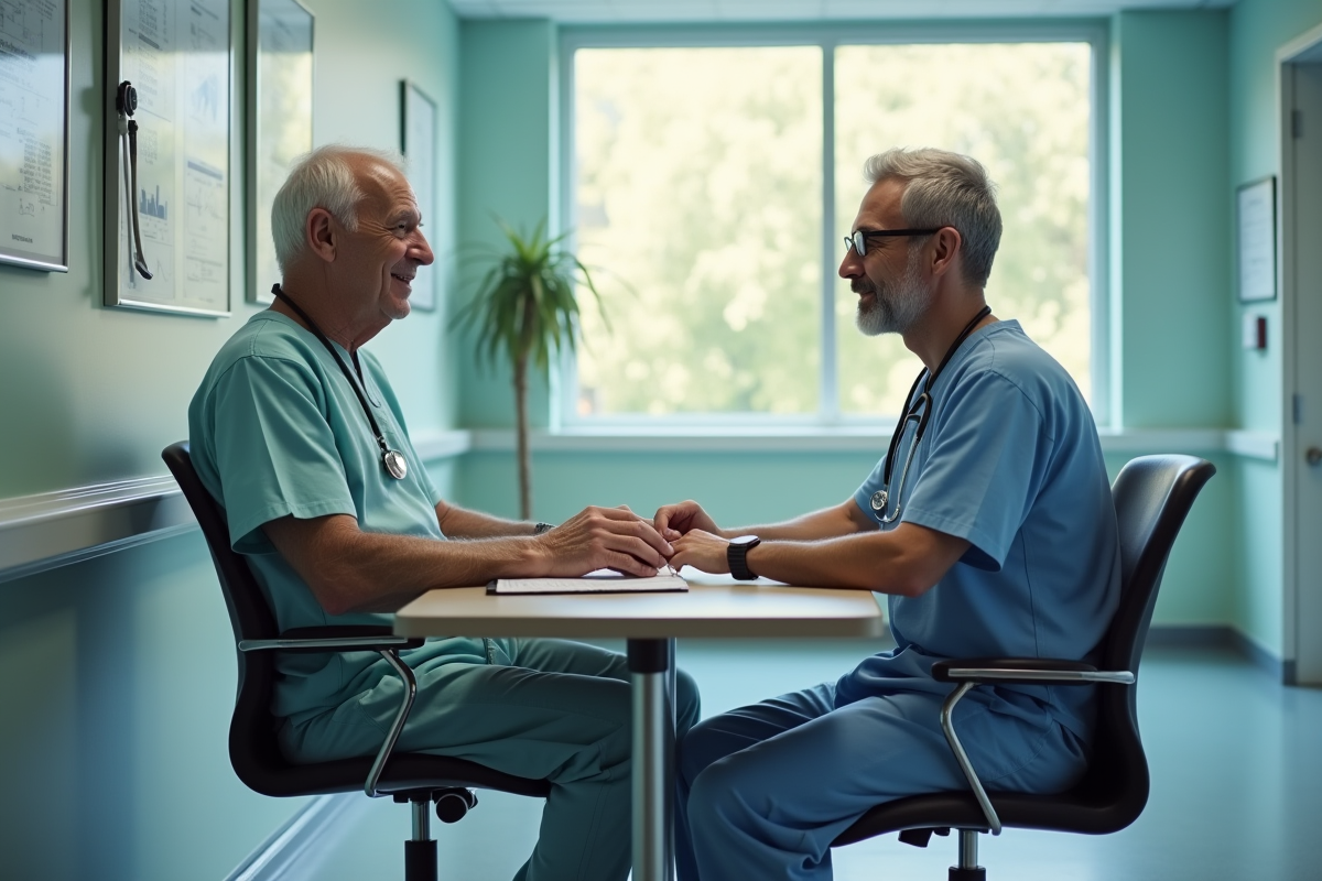 Médecin et patient âgé discutant dans une salle d