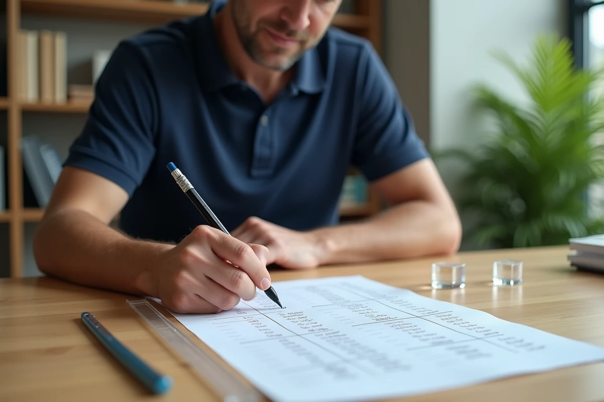 Homme prenant des notes sur un tableau de conversion de volumes en cm cube et litres imprimé sur papier A4, posé sur un bureau en chêne avec un cube en acrylique comme référence visuelle