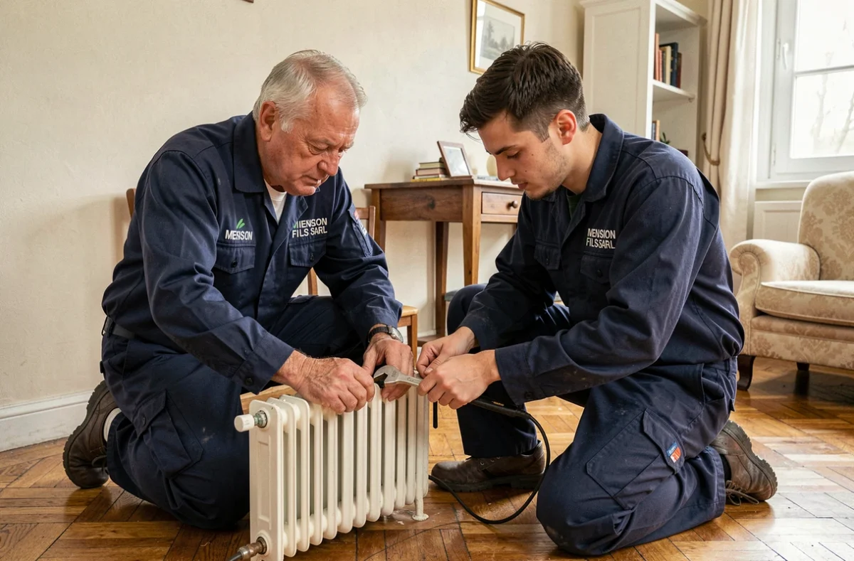 Deux techniciens Mension Fils SARL remplaçant un radiateur dans une maison familiale de l'Allier