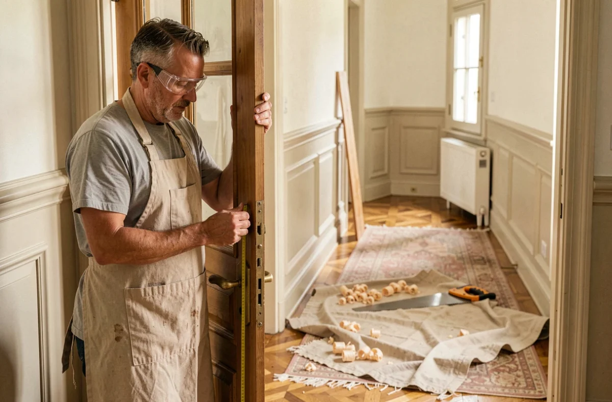 Artisan de Menuiserie Agencement Dépannage mesurant un encadrement de porte en bois dans un couloir résidentiel français classique