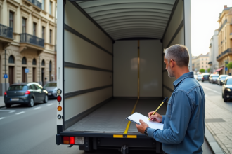 Homme mesurant l'espace de chargement d'un camion blanc