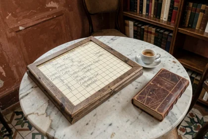 Mots croisés avec des noms de villes italiennes posés sur une table en marbre dans un café romain authentique