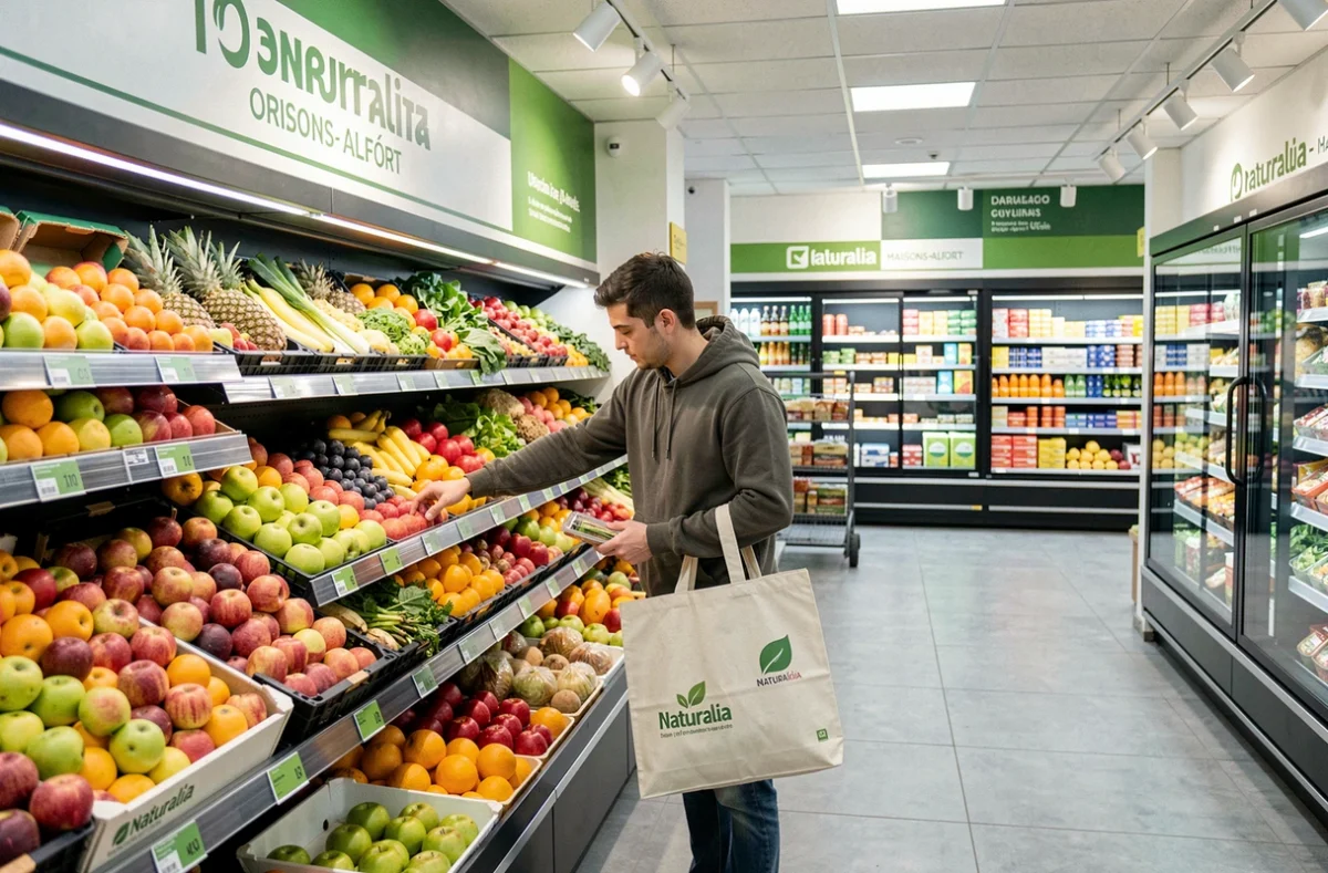 Client choisissant des fruits biologiques frais dans le rayon fruits et légumes de Naturalia à Maisons-Alfort
