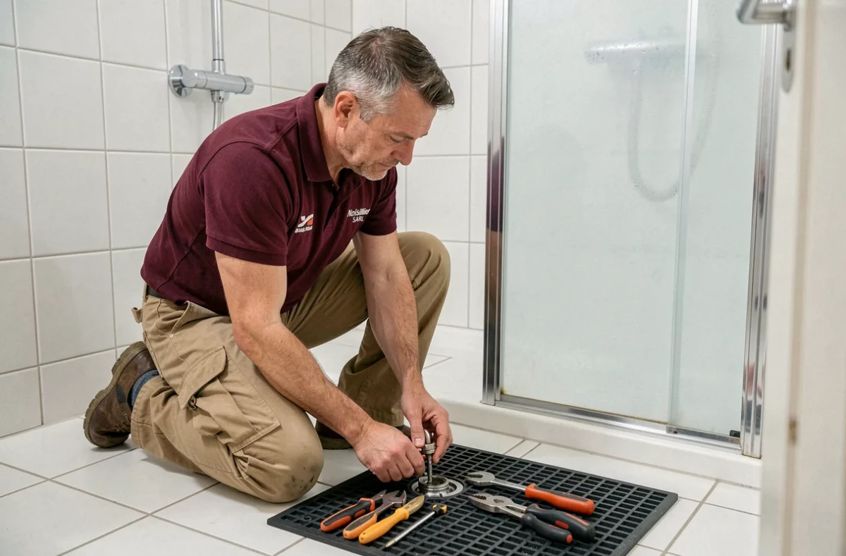 Plombier Noisillier Rousseau SARL réparant un siphon de douche dans une salle de bain carrelée