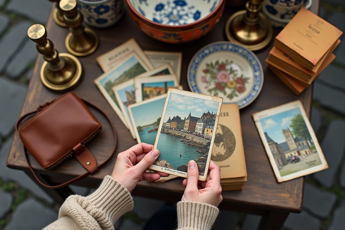 Gros plan sur des objets vintage posés sur une table de vide-grenier à Quimper incluant cartes postales et faïence bretonne