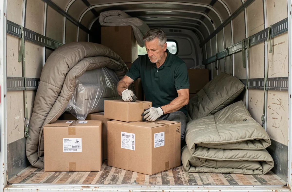 Déménageur expérimenté organisant des cartons dans un camion de déménagement avec soin, représentant une entreprise de déménagement en Eure-et-Loir