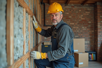 Ouvrier en overalls posant l'isolation dans un appartement