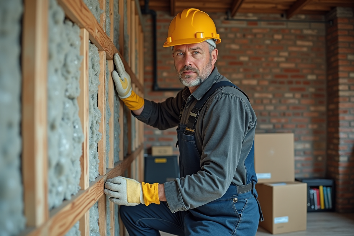 Ouvrier en overalls posant l'isolation dans un appartement