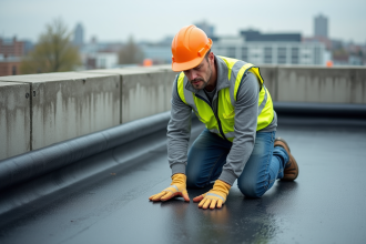Ouvrier de construction appliquant une membrane d'étanchéité sur un toit