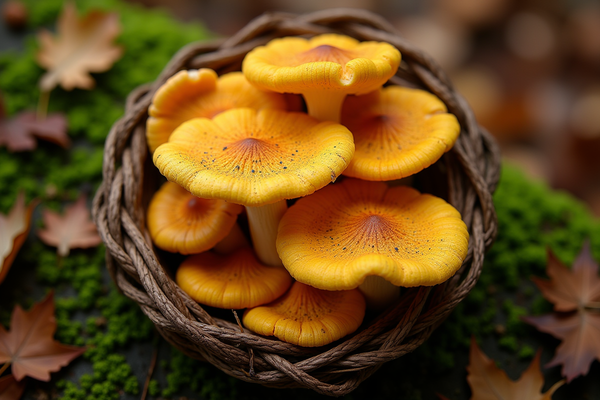 Panier rempli de chanterelles fraîches sur mousse en forêt