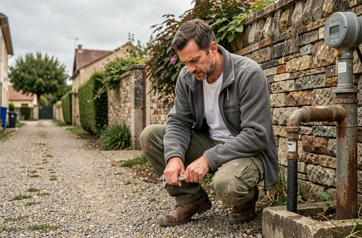 Sylvain Pascou plombier indépendant intervenant sur un compteur d'eau extérieur dans l'Allier