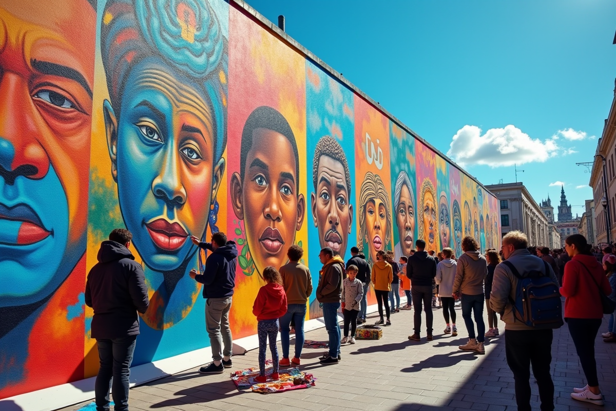Artistes peignant une fresque murale colorée en ville