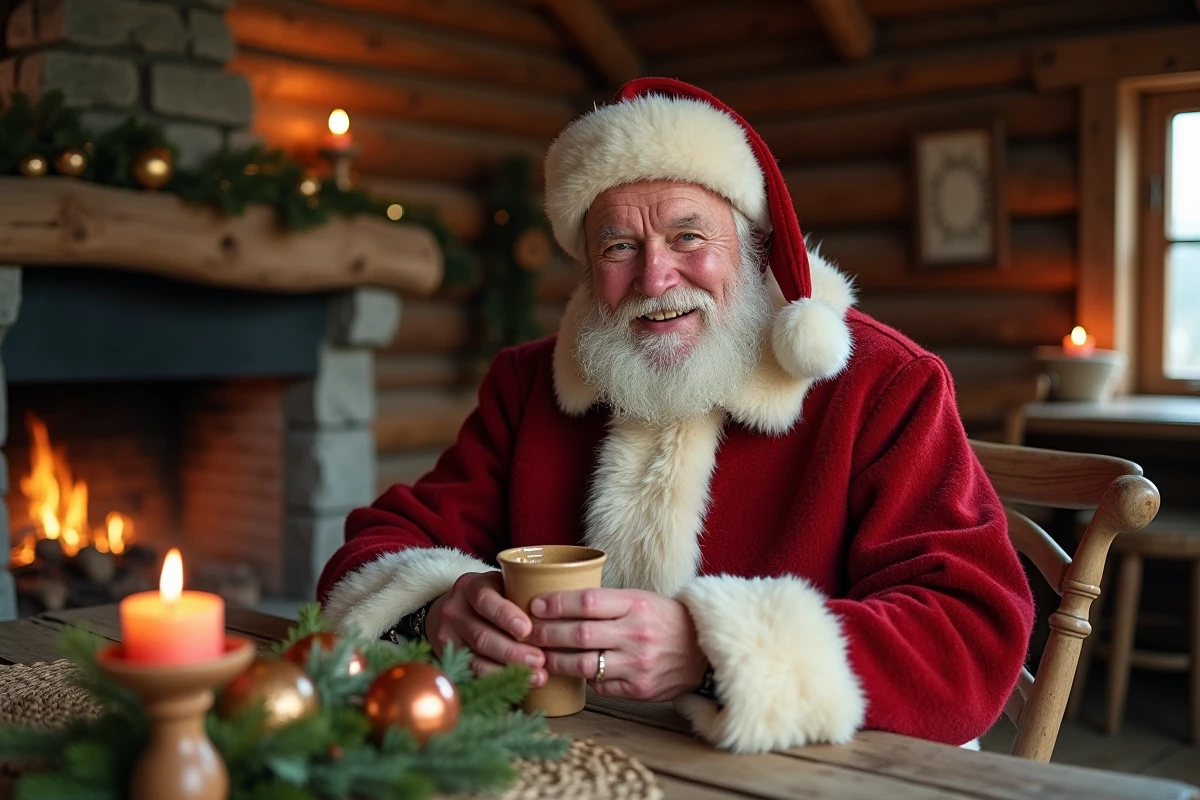 Père Noël traditionnel finlandais assis dans une cabane en bois rustique entouré de jouets sculptés et de décorations de Noël